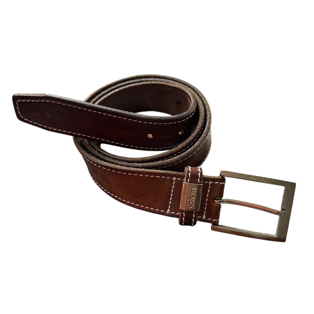 HUGO BOSS Boss Brown Leather Belt with Silver Buckle